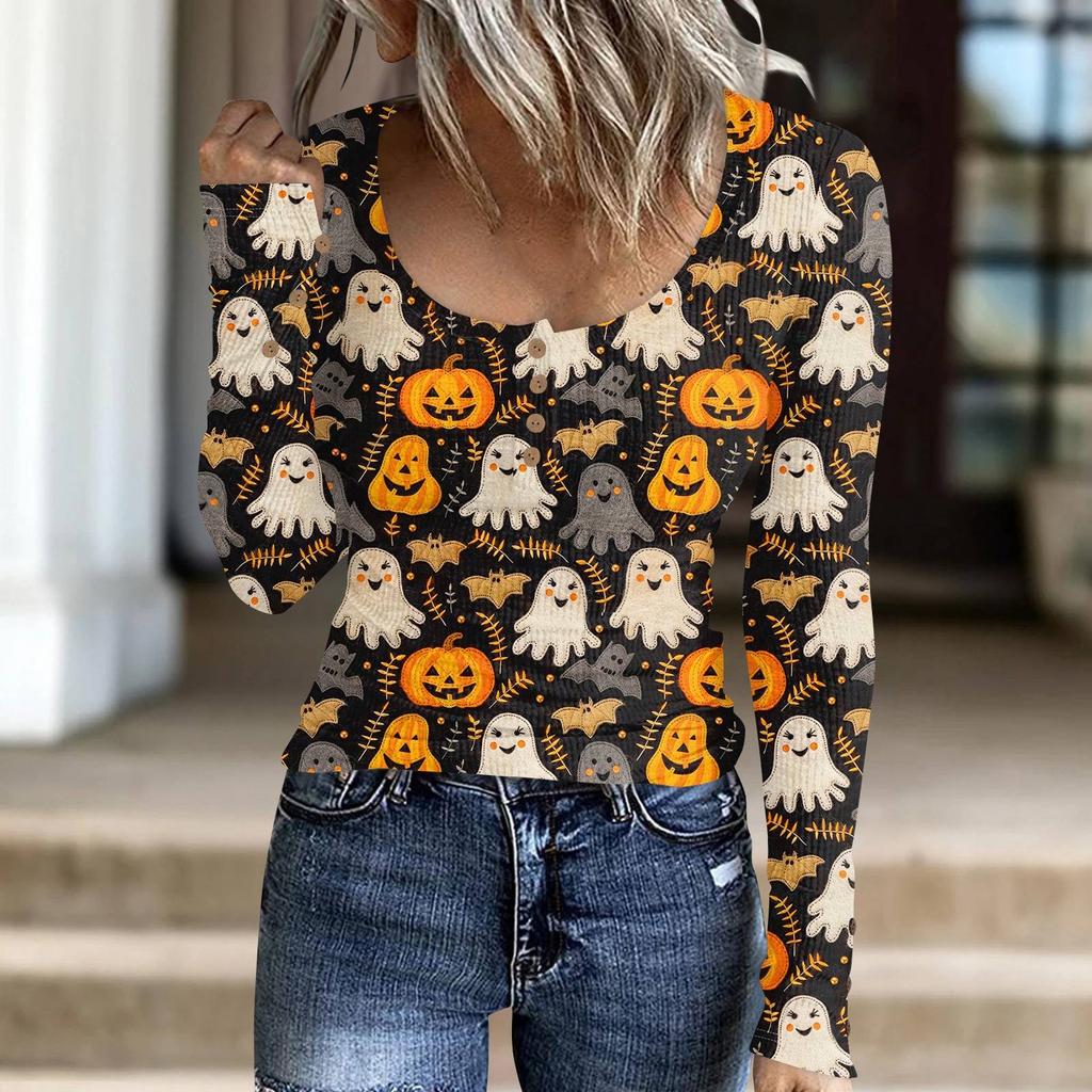 Женский модный повседневный свитер с длинными рукавами и принтом на пуговицах в стиле Хэллоуина