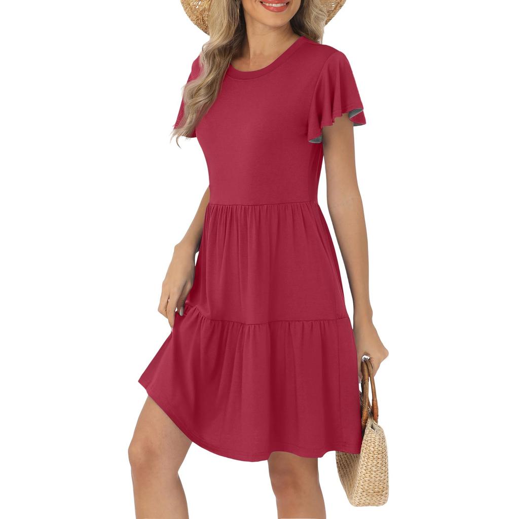 Women's Summer Ruffle Sleeve Round Neck With Pocket Solid Color Casual Dresses