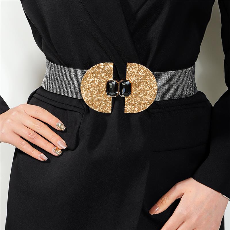 Mei Exaggerated belt - women's new elastic waist cincher with buckle and vintage black gemstone detail