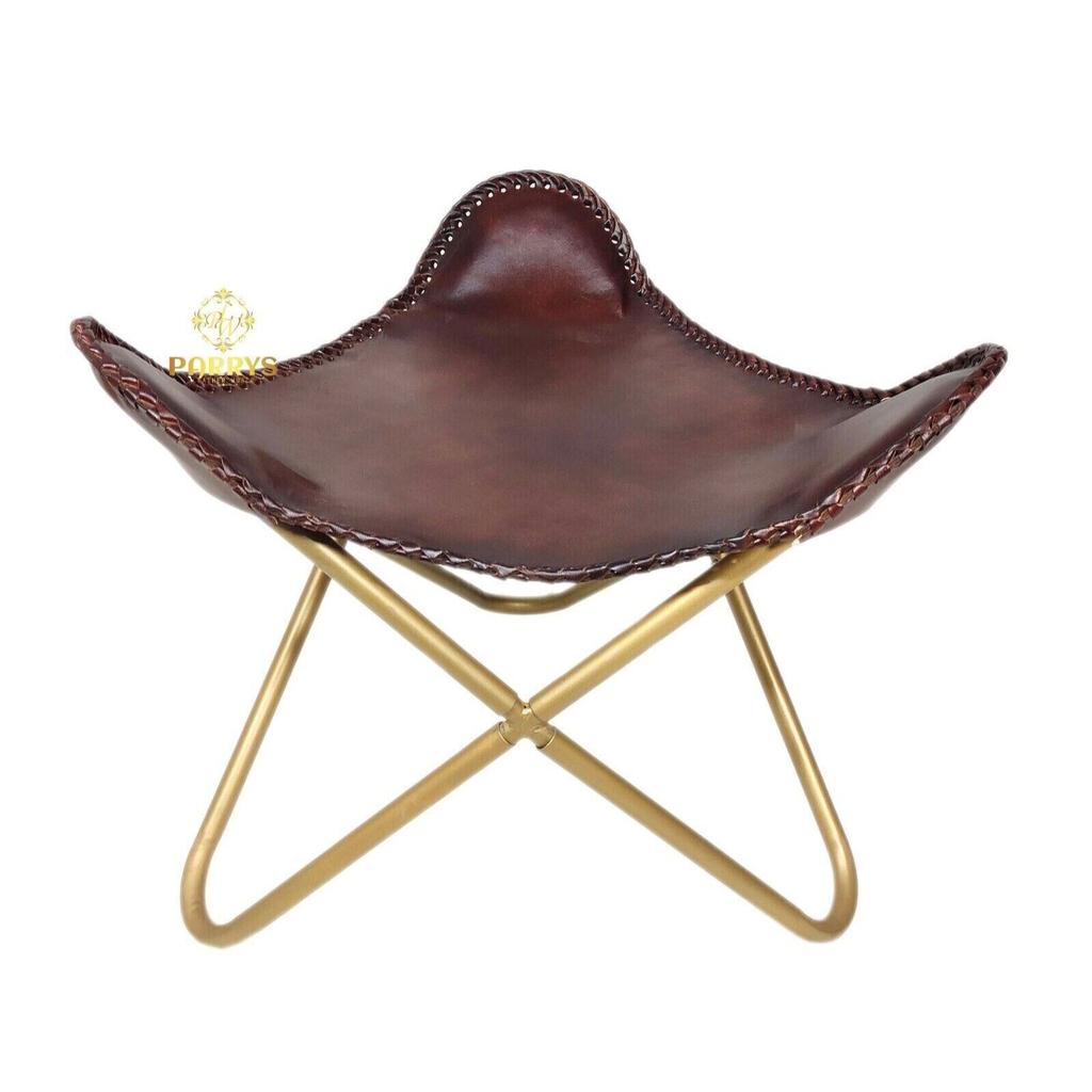 Коричневое кожаное кресло для отдыха - индийское кресло-бабочка ручной работы с османской рамкой