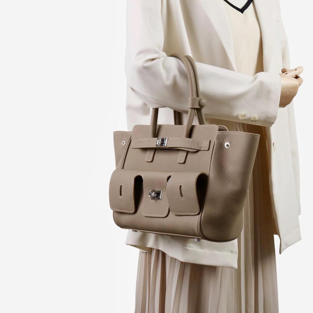 Women's Biker Genuine Leather Multi-Pocket Tote with Dark Square Buckle