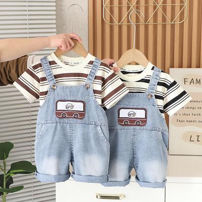 Костюм для мальчика Детская полосатая футболка с короткими рукавами Джинсовый комбинезон Комплект из двух предметов Детская одежда с героями мультфильмов