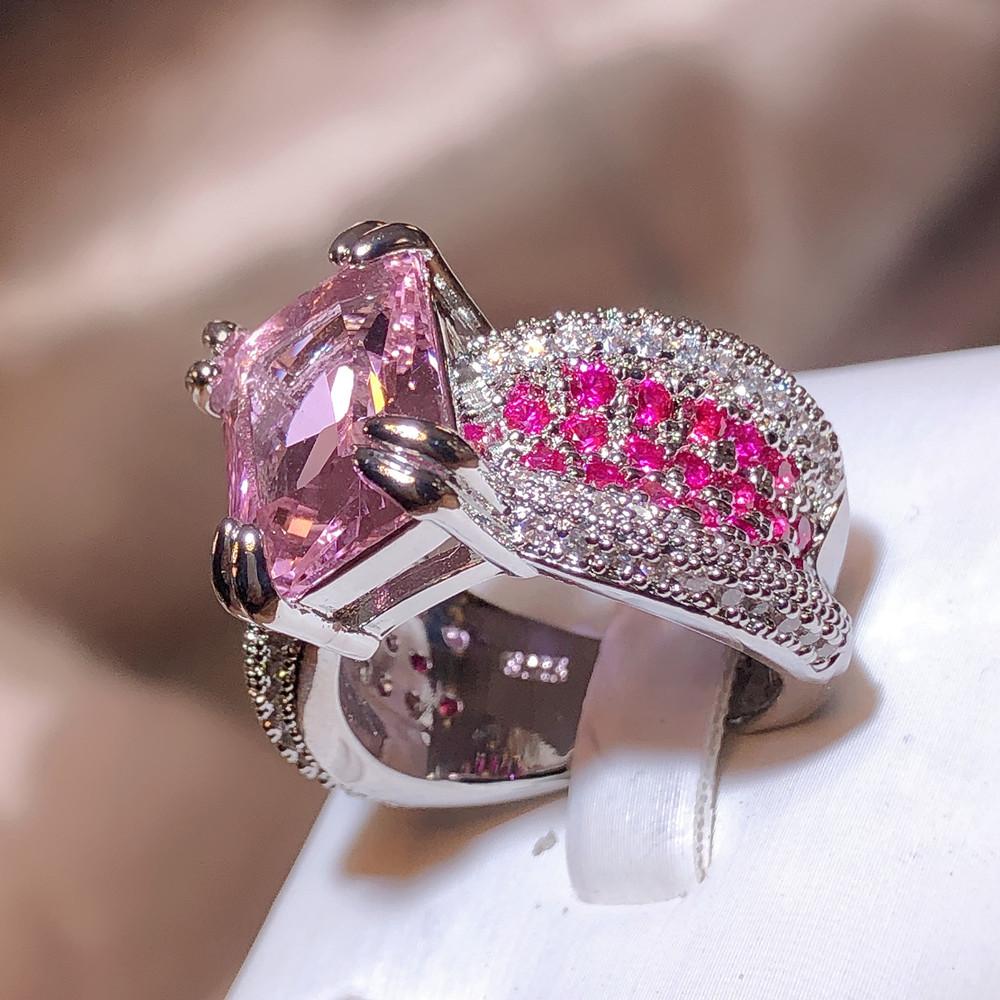High-definition Pink Diamond Ring Female Personality Opening Pink Four-claw Gemstone Ring Party Birthday Gift Valentine's Day Gift Women Jewelry