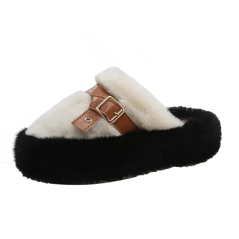 Fashion Slippers Women's Eyelet Buckled Fluffy Winter Slippers Winter Lady Thick Bottom Shoes Thick Flat Bottom Outerwear Plush Slippers