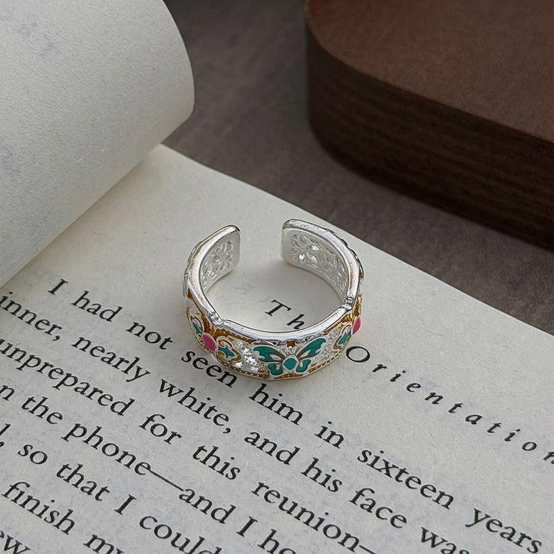 Guochao Sweet Sister Style Colored Enamel Butterfly Flower Ruyi Pattern Hollow Engraved Open Ring Female