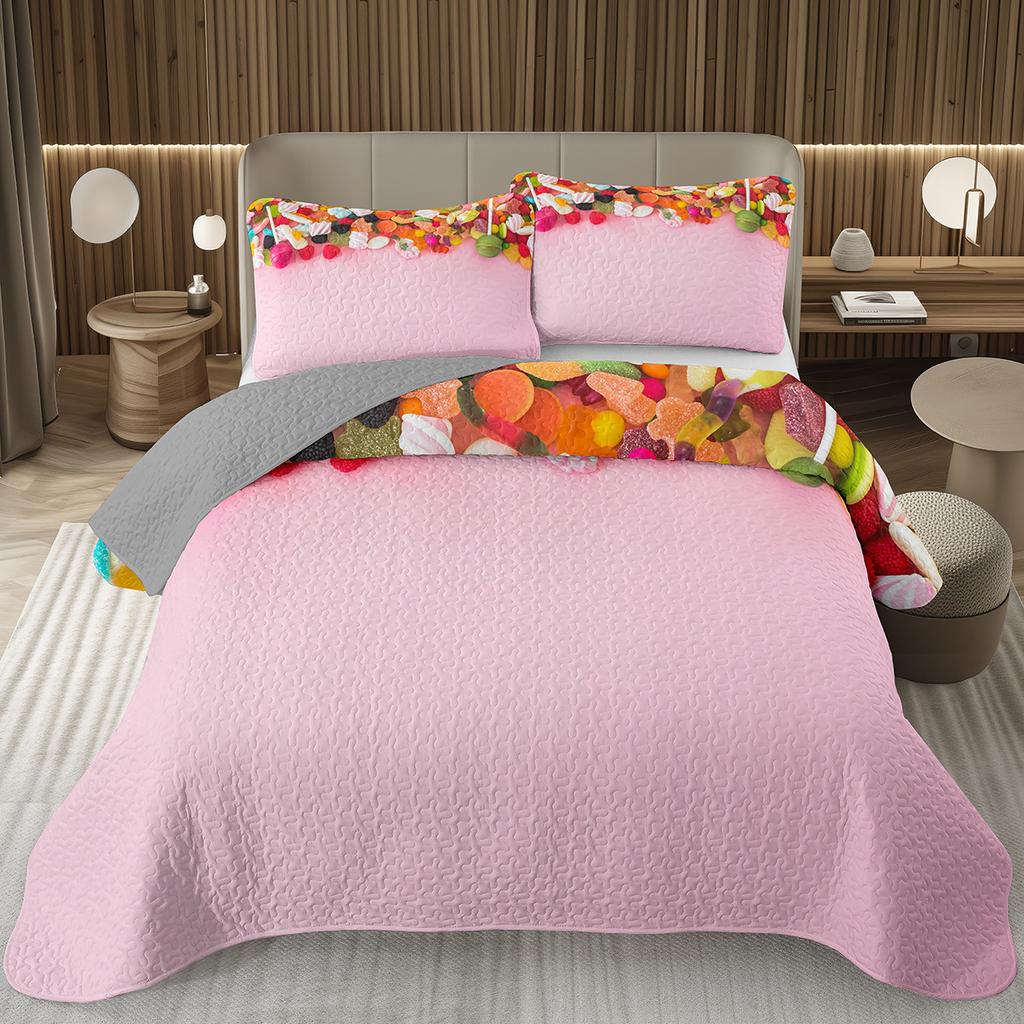 Сладкий Конфетный Комплект Квилтов для Девочек Мальчиков Подростков, Комплект Покрывал на Кровать на Тему Леденцов Кинг Десертное Стеганое Покрывало Мультяшный Стиль Покрывало на Кровать