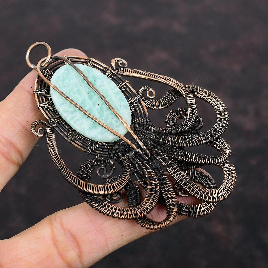 Кулон с амазонитом, медная проволока, кулон, медные украшения, кулон в виде осьминога, кулон ручной работы, обернутый проволокой, ювелирные изделия из драгоценного камня, подарок для мамы