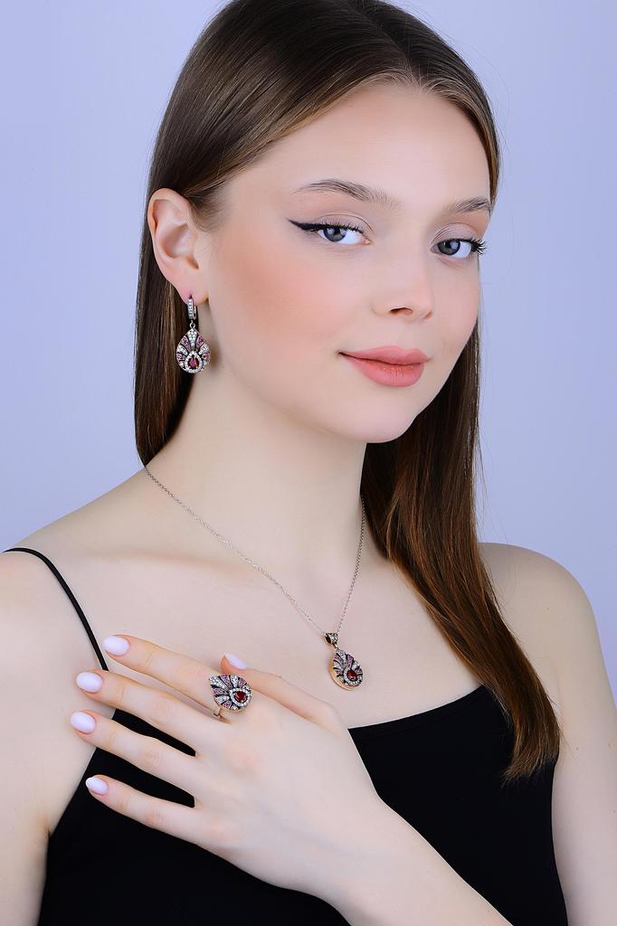 Комплект серебряных украшений Kosem султан, рубиновый камень, османский дизайн, турецкое серебряное ожерелье ручной работы, кольцо и серьги, уникальный женский подарок