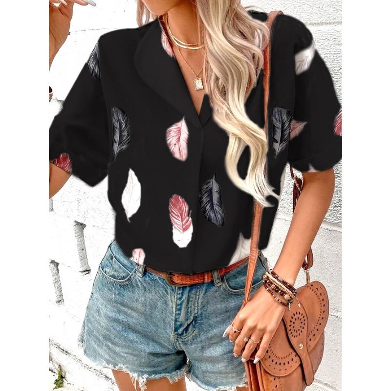 Women's Fashion Casual Summer Spring Feather Print Short Sleeve POLO Neck Blouses & Shirts