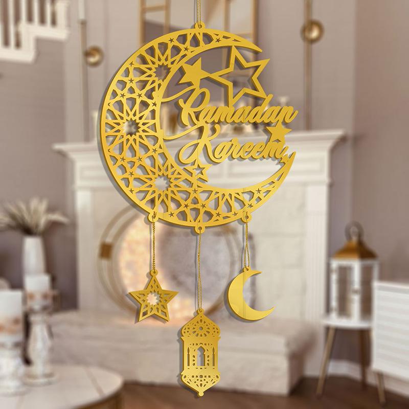 Акриловая настенная подвеска Ид Мубарак Зеркало Золотая Рамадан Карим Дверная табличка Подвесное украшение Луна Звезда Подвески
