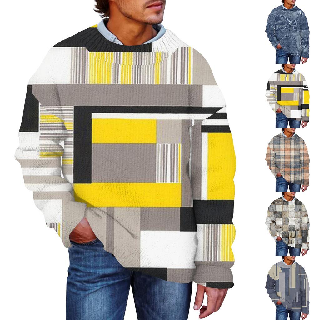 Men'S Printed Synthetic Sweater Round Neck Sportswear Loose Long Sleeved Top