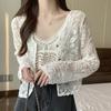 Summer Knit Long Sleeve Lace Blouses Women Fashion Thin Hollow Out Sunscreen Shirts Tops Women Vintage Crochet Slim Fit Elegant Cardigan Blouse 26123
