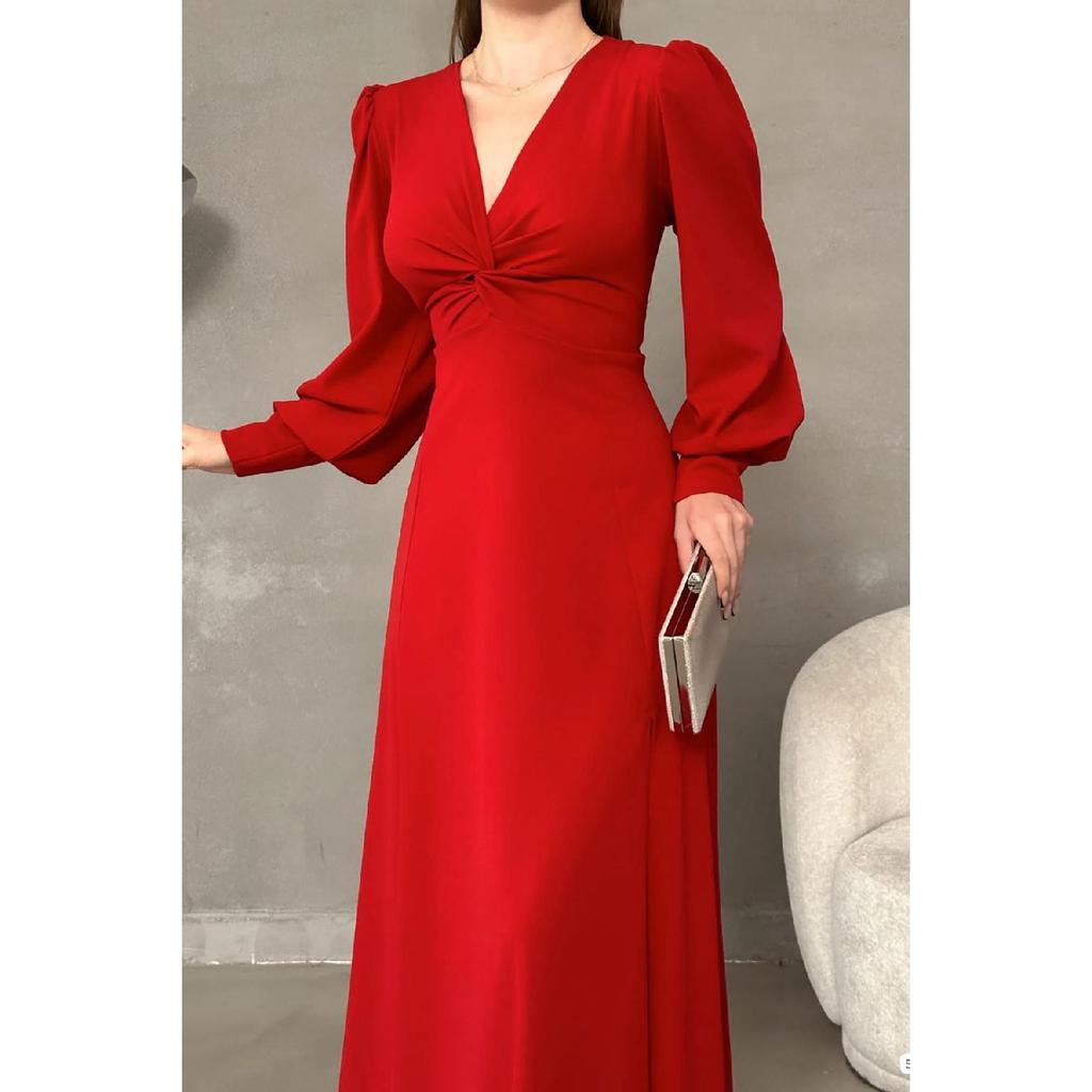 Black Crepe Fabric Front Knot Detail Maxi Length Long Sleeve Double Slit Dress