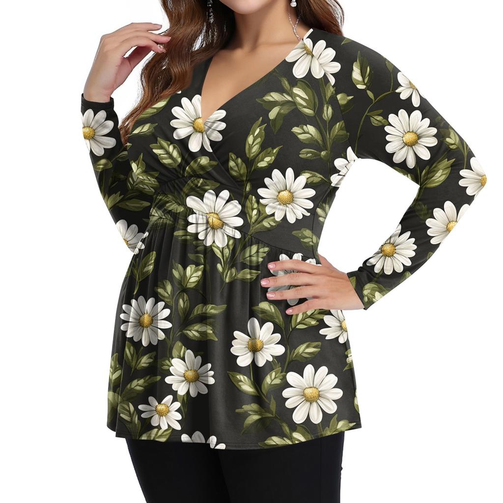 Женская рубашка большого размера с длинным рукавом, принт, плиссированный повседневный топ с V-образным вырезом