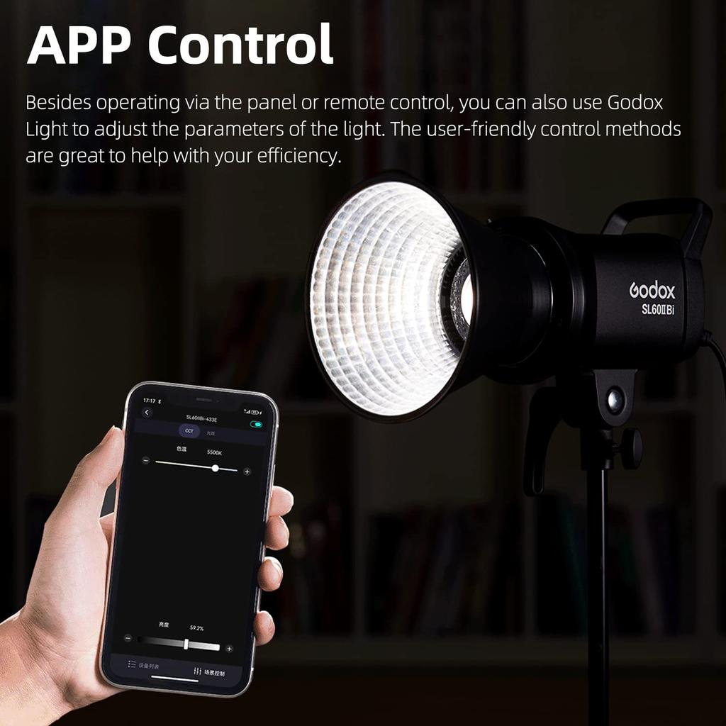 Godox SL60IIBi 75W LED Video Bowens Mount Dual Color Brightness App Подходит для освещения неподвижной видеосъемки, 25100 Люкс при 5600 К, температура, 0% -100%