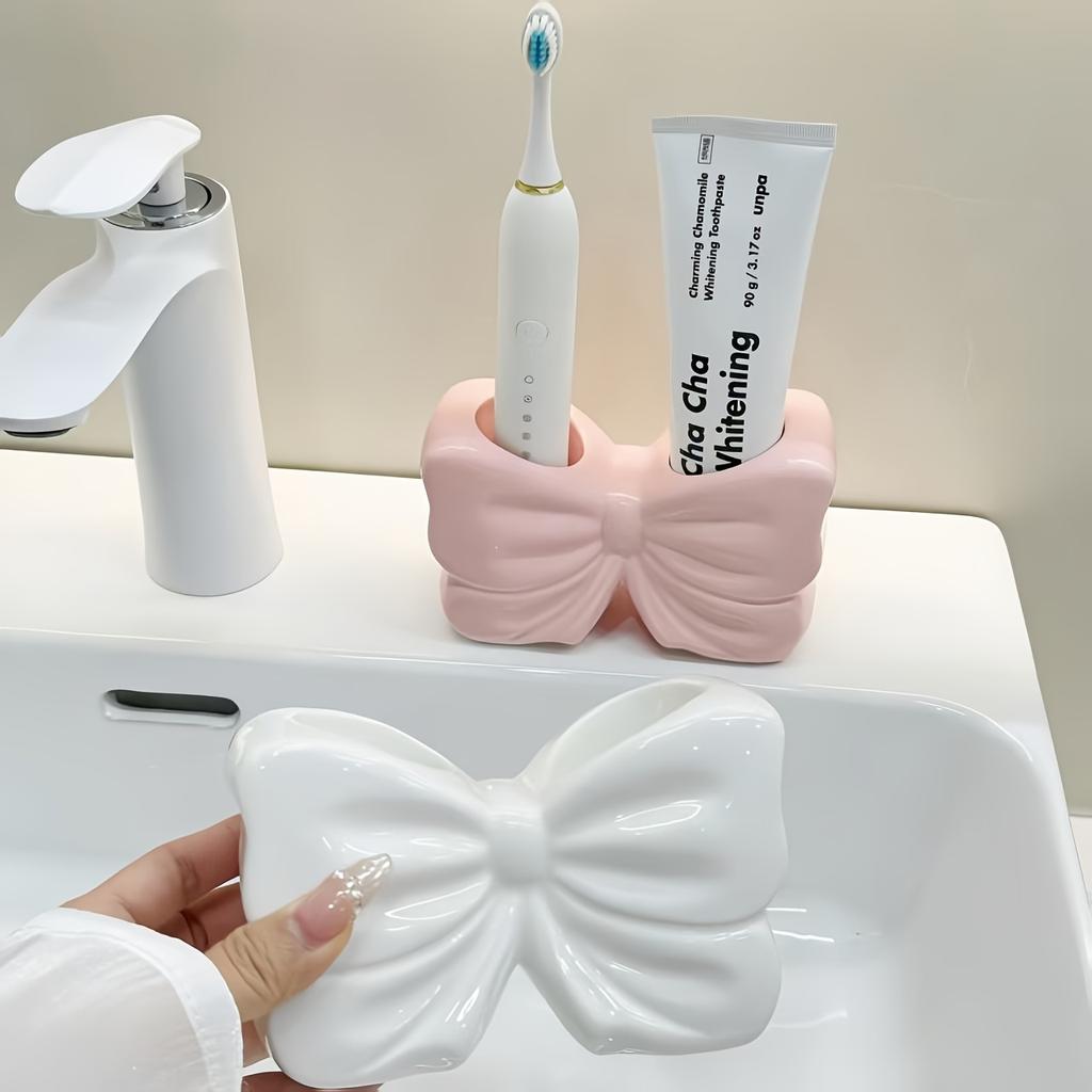 Visually Appealing Ceramic Toothbrush Holder with Bow Design Moisture-Resistant Bathroom Organizer, Freestanding Modern Vanity Decor for Countertop,