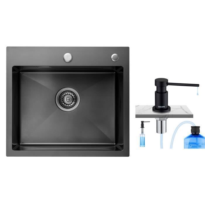 Кухонная мойка 50x45 см, угольно-черный + черный дозатор мыла