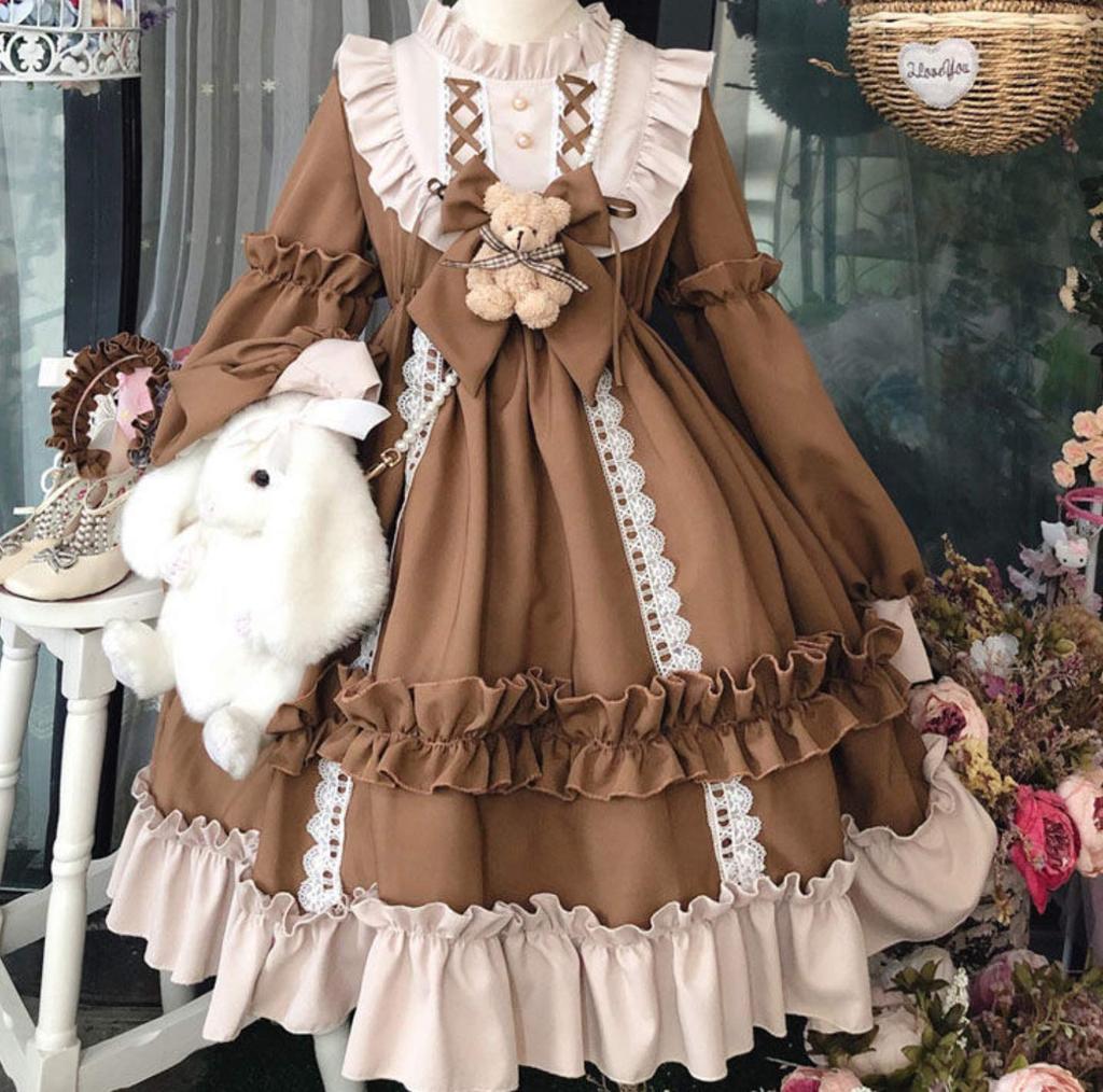 Lolita Long Sleeve Dress Teddy Bear One Piece Bear Knee Length [Lady Lazy] (Brown, L)