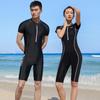 Unisex Professional Short Sleeve One-Piece Swimsuit - Black, Five-Point Pants, Customizable for Students