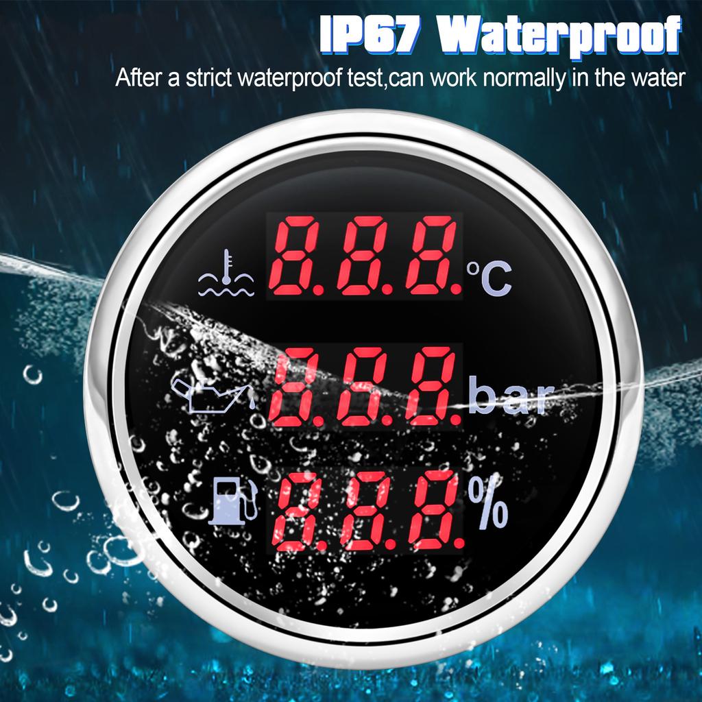 52 мм Цифровой 3 в 1 Водонепроницаемый Автомобильный Морской Датчик Для 12В24В Температура Воды Давление Масла Вольтметр Уровень Топлива С Сигналом Тревоги