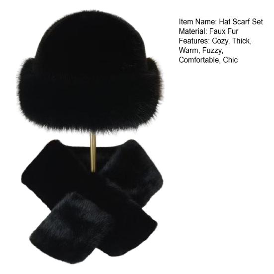 Winter Fuzzy Hat Scarf Set for Women Faux Fur Collar Wrap Scarf Thickened Plush Warm Cap for Cold Weather