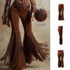 Solid Color Suede Tassel Pants Fringe Hem Slim Fit Flare Pants Retro High Waist Trousers  Party