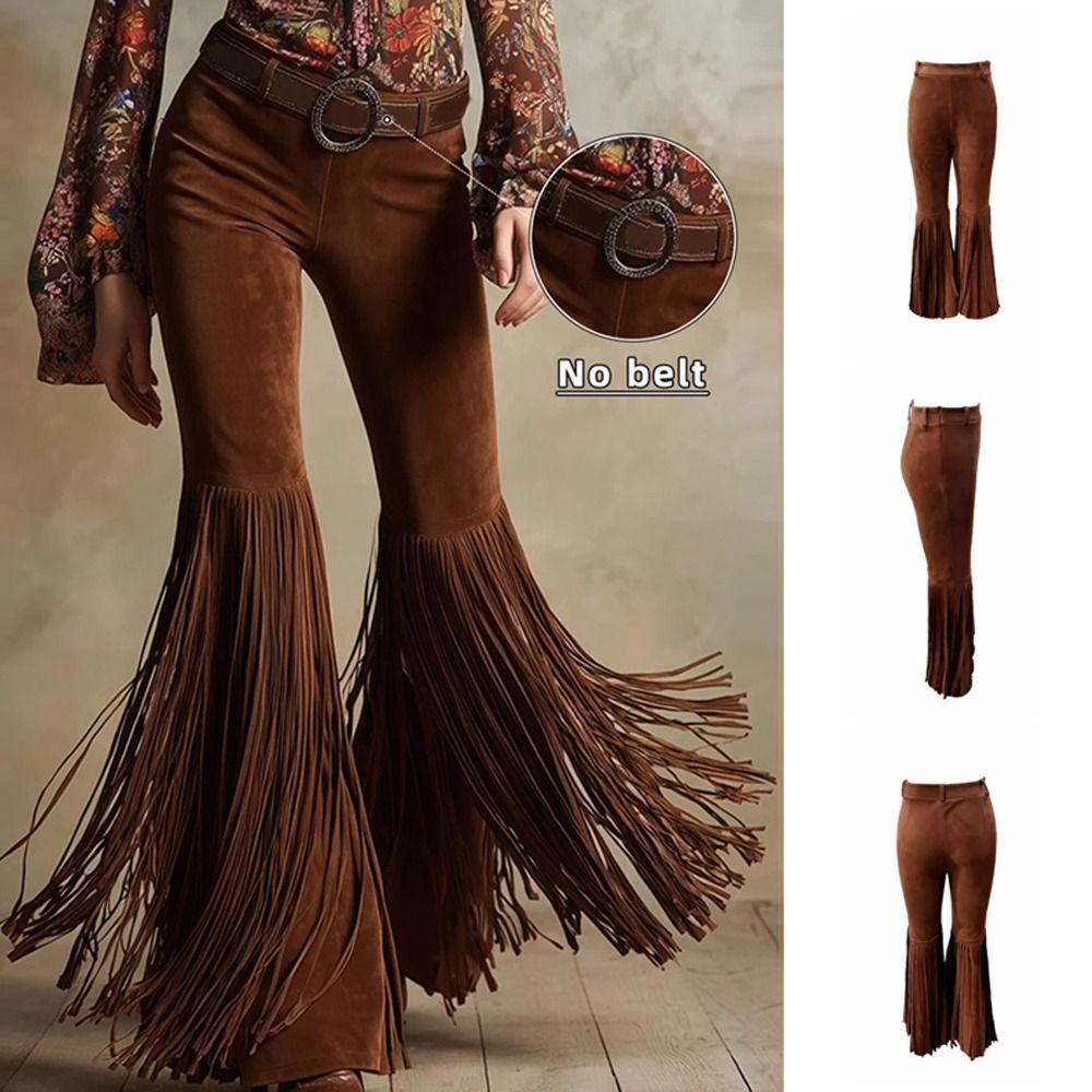 Solid Color Suede Tassel Pants Fringe Hem Slim Fit Flare Pants Retro High Waist Trousers Party