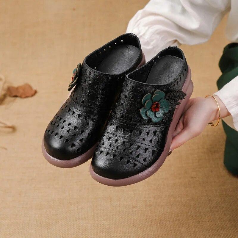 Johnature Женские тапочки из натуральной кожи с цветочным узором в этническом стиле, дышащая обувь на танкетке