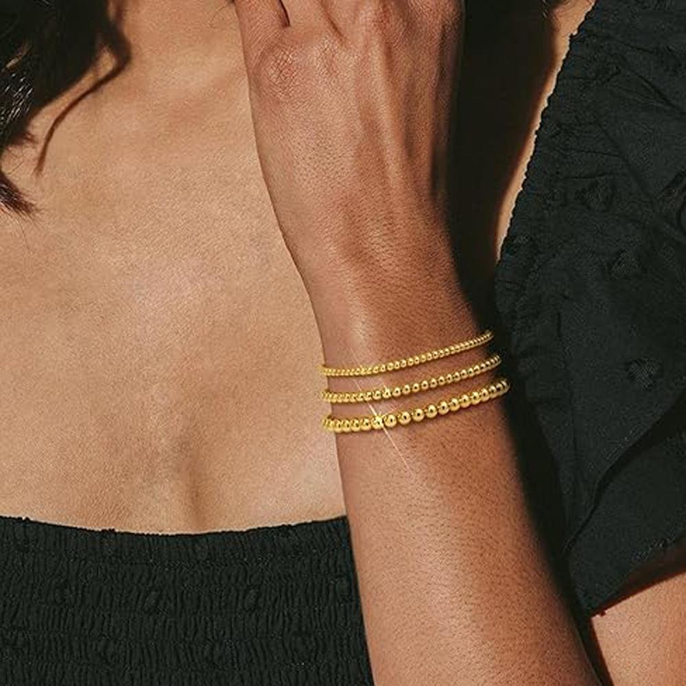 18K Gold Plated Waterproof Bracelet Stack Beaded Bracelets for Women Strand Bead Ball Bracelet Sets Stackable Jewelry Gifts