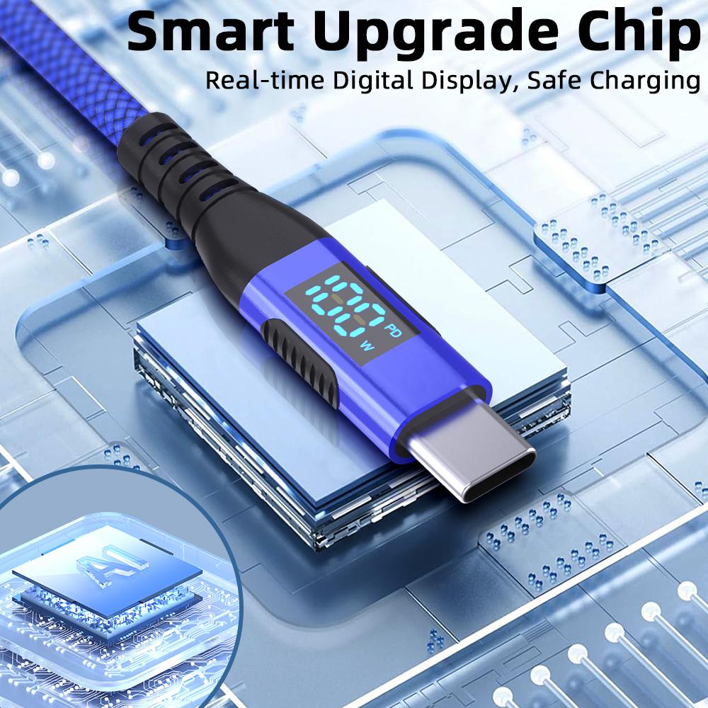 1m USB-C to USB-C Cable 100W 5A/20V Nylon Braided Phone Tablet Fast Charging Digital Display Cord