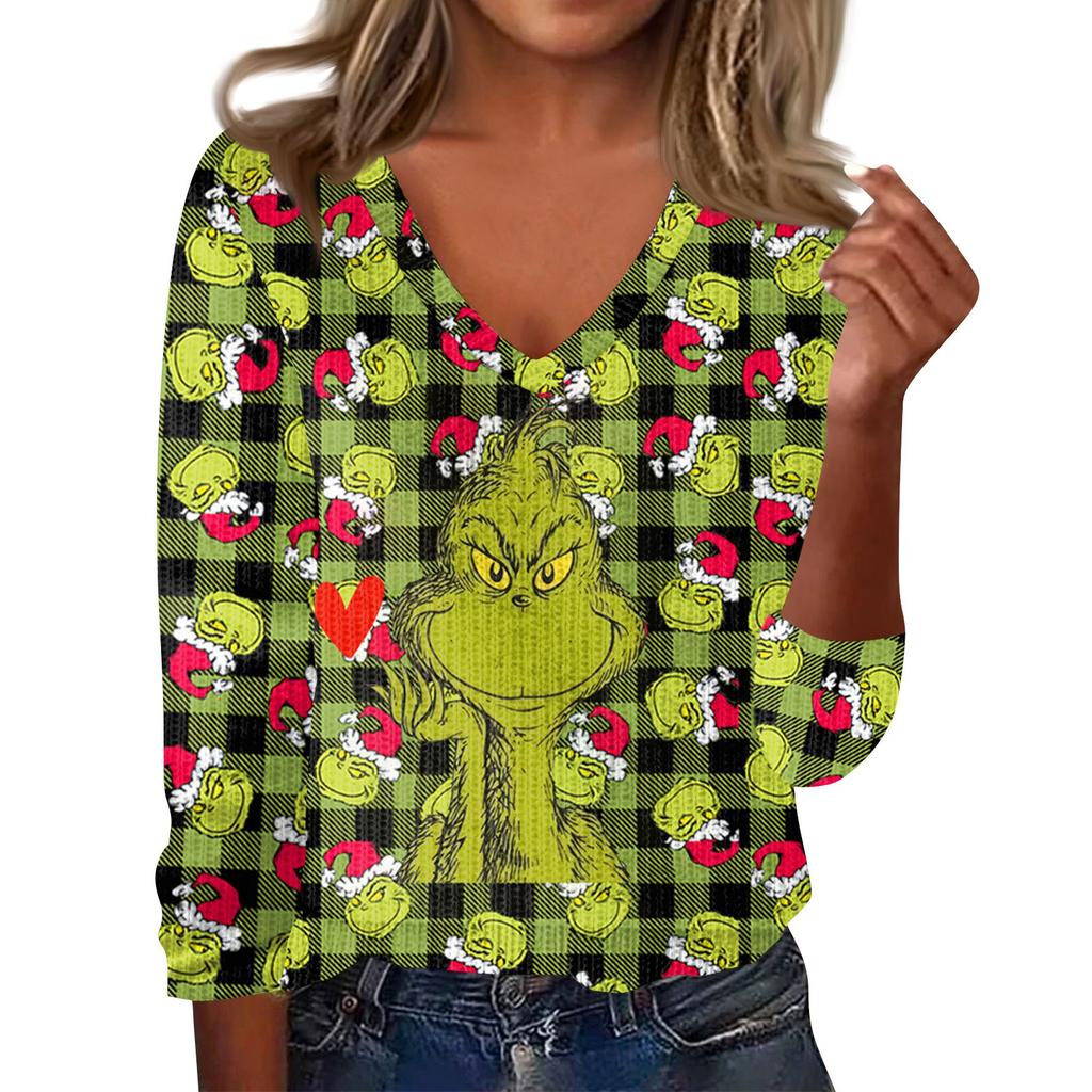 Женский милый свитер вязаный модный повседневный с V-образным вырезом длинным рукавом уютный с принтом топ