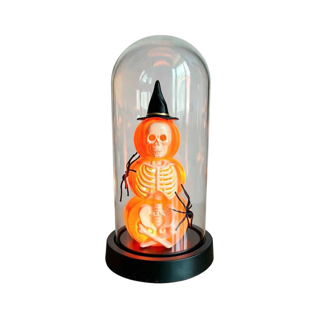 Halloween Skeleton Night Light Glass Pumpkin Lamp with Wooden Base for Bedroom Home Decor Gift