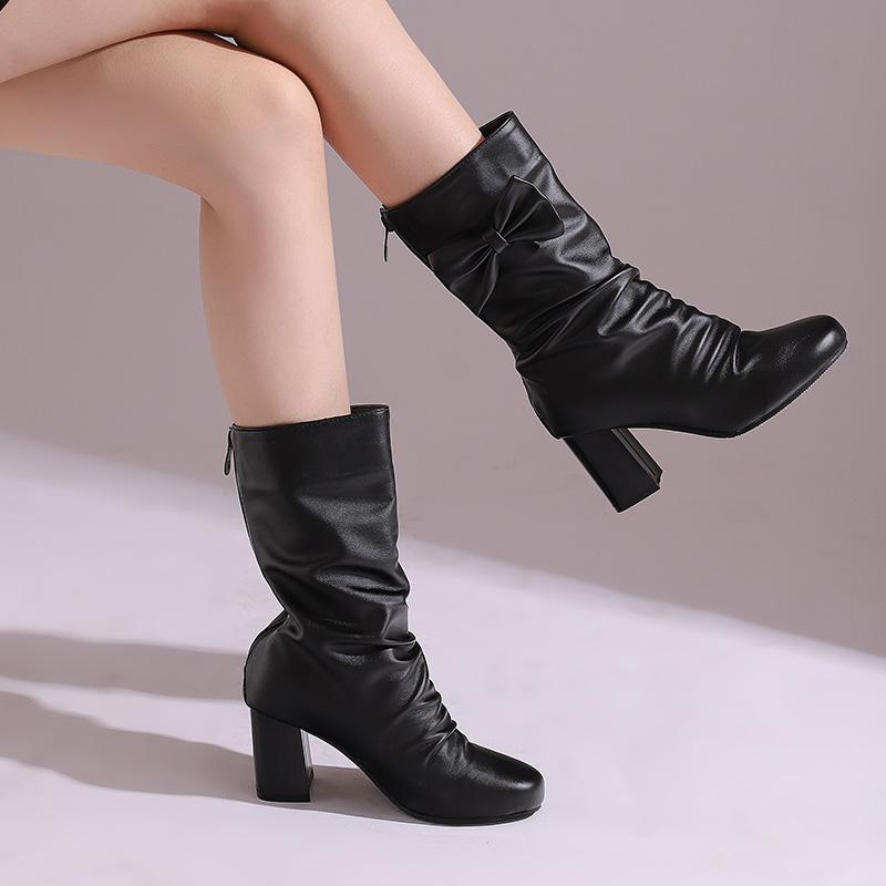 Женские сапоги на высоком каблуке осень-зима новые однотонные сапоги на толстом каблуке большого размера среднего размера