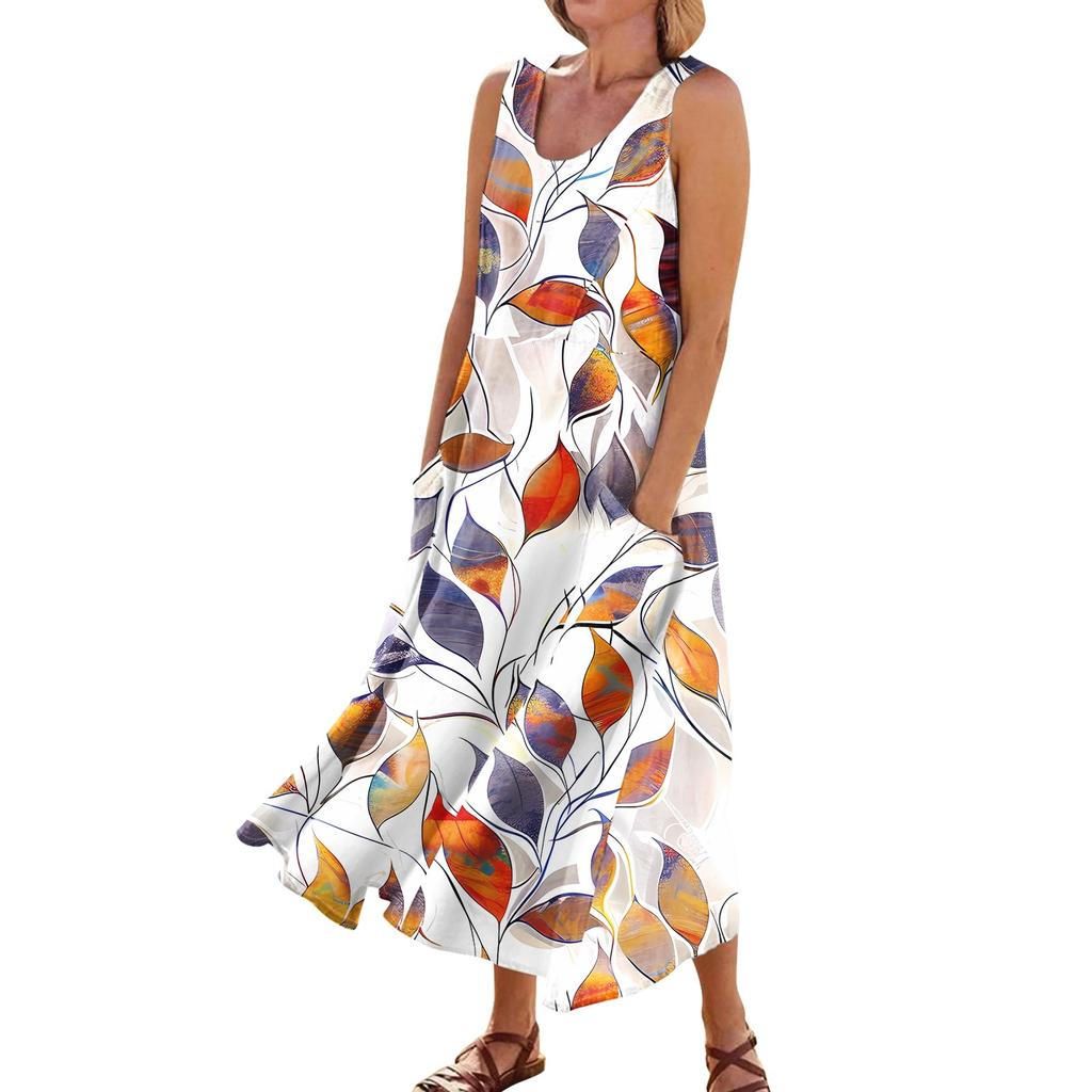 Платье без рукавов для женщин. Женское летнее повседневное модное платье без рукавов с круглым вырезом и карманом с принтом.