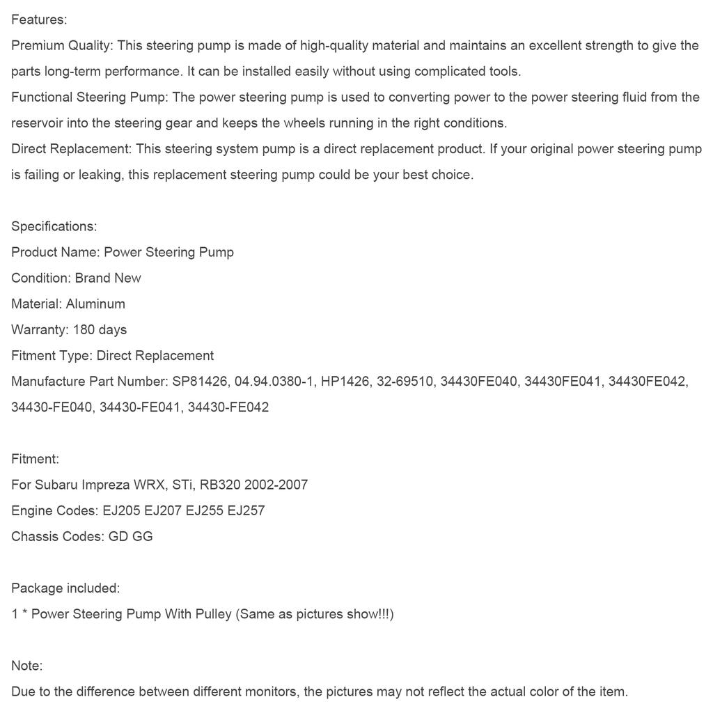 Насос гидроусилителя руля 34430FE040 Подходит для Subaru Impreza WRX STI 2002-2007 с шкивом