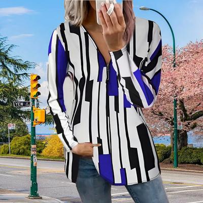Женские осенние полосатые цветные принтованные футболки с длинным рукавом, свободные футболки с V-образным вырезом больших размеров, удобные блузки