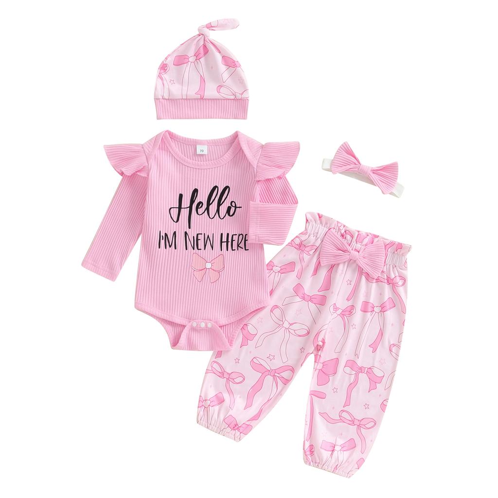 Baby Girl Fall 4 Pcs Outfit Letter Long Sleeve Romper with Bow Pattern Pants and Headband Hat Set
