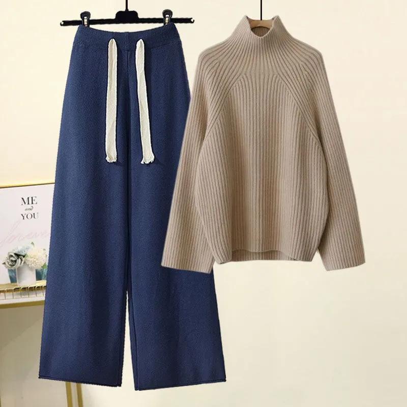 Осенне-зимние женские теплые трикотажные комплекты больших размеров, свитер с длинным рукавом и высокой талией, широкие трикотажные штаны на завязках