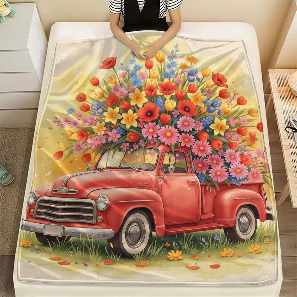 1Pc Seasons truck Print Flannel Blanket, High quality Comfortable for All Seasons, Home Decor, Warmth and Comfort, Perfect for Christmas Gifts