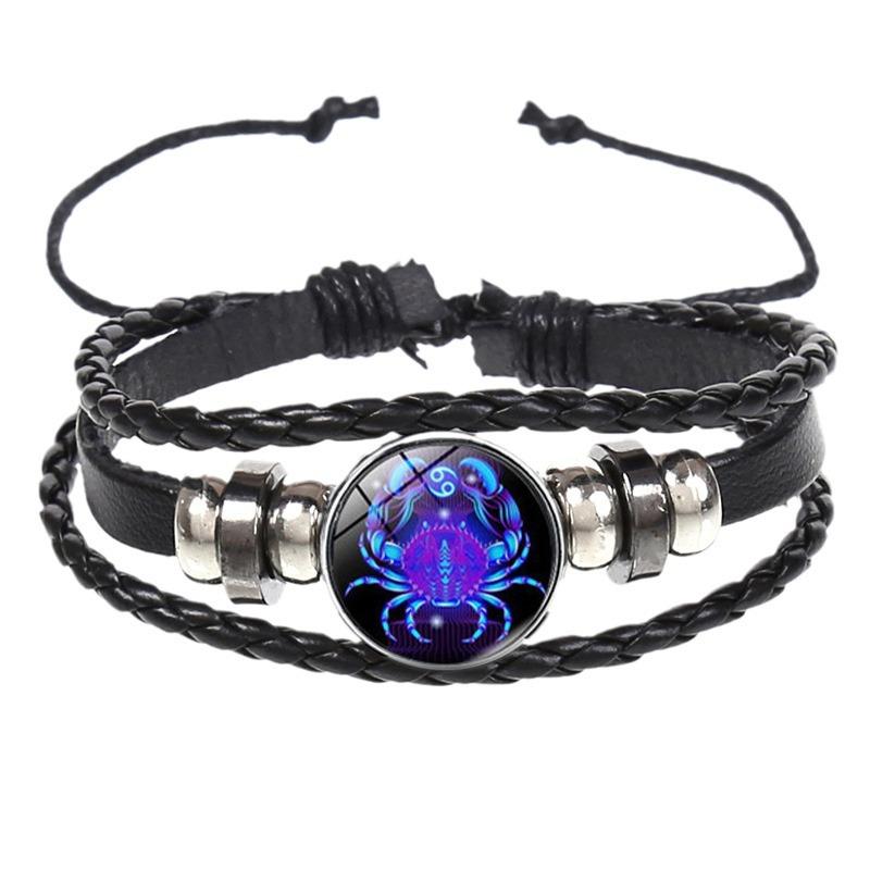 Night Light Up Zodiac Sign Braided Leather Bracelet for Men Women - 12 Constellation Horoscope Adjustable Wristband