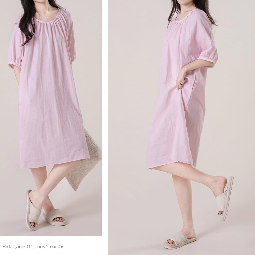 Хлопковая пижама из двойной марли размера LL [Yes family] Женское 100% платье, длиной до колена, летнее, подчеркивающее фигуру, стильное, розовое,