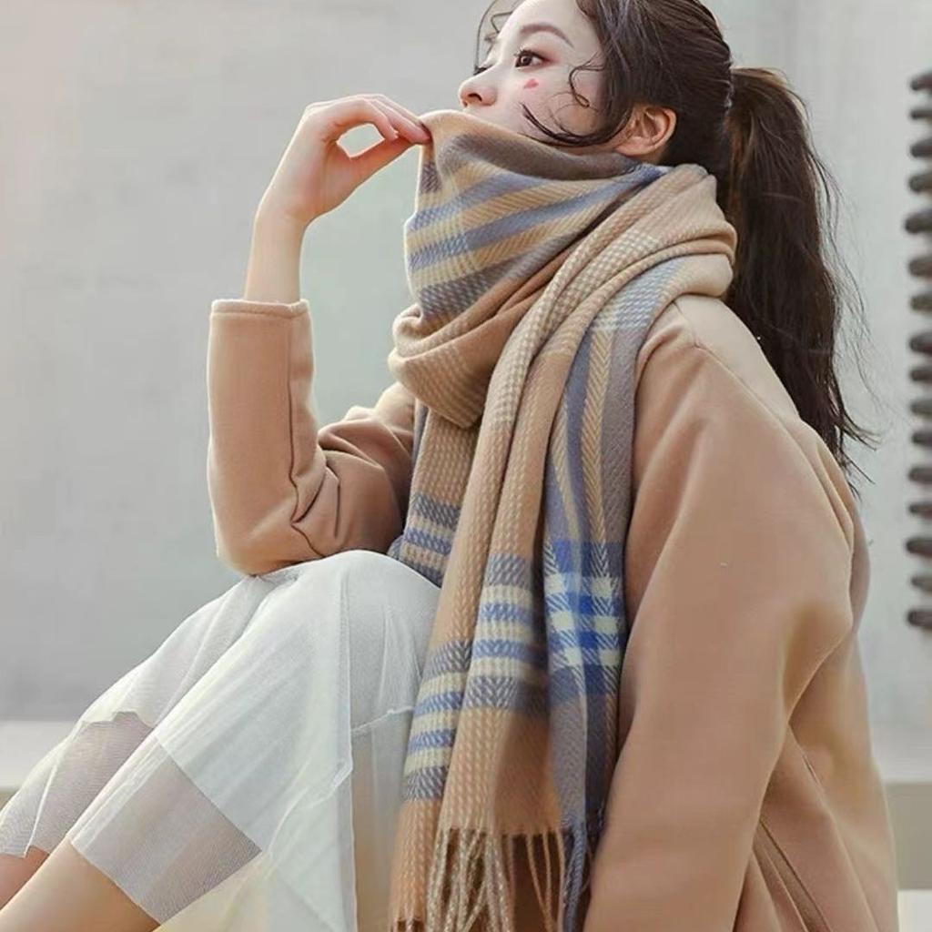 Winter Women's Long Plaid Scarf Outer Wear Girl Couple Double-sided Versatile Neck Warmer Korean Style Shawl Student Fresh Look