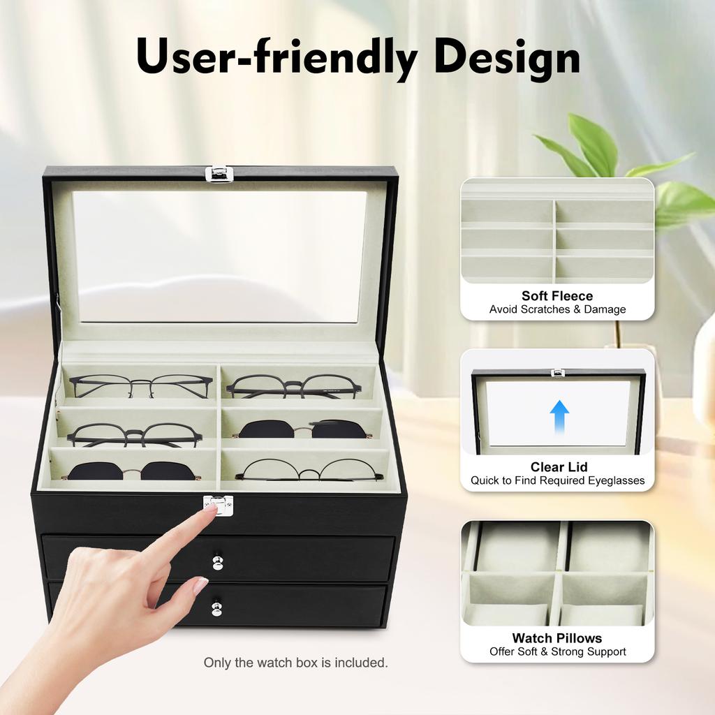 Коробка для часов с 24 ячейками, стеклянная крышка, 3-уровневый дисплей-кейс, органайзер-держатель для часов и очков, с замком для коллекционеров