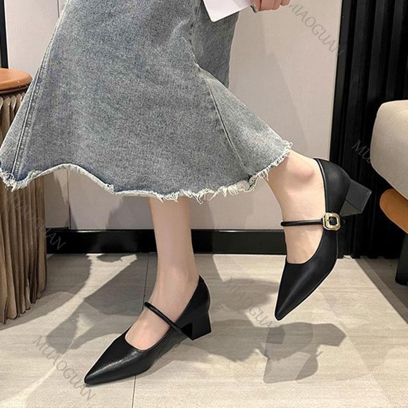 Fashion Spring Autumn New Pointed Single Shoes Women Thick Middle Heel Shallow Mouth Pumps Elegant Solid Belt Buckle Heels for Women