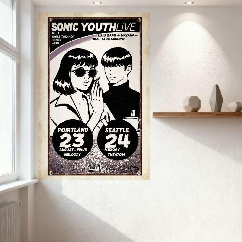 Sonic Youth Живой Винтажный Концертный Постер Металлическая Жестяная Табличка - С участием Lux Band & Nirvana, Детали мероприятия Сиэтл/Портленд, Ретро Гри