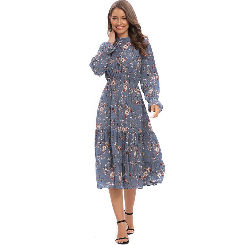 Шифоновое синее платье с цветочным принтом, круглым вырезом, длинными рукавами, листом лотоса, эластичной резинкой на талии, трапециевидной формы средней длины, женское