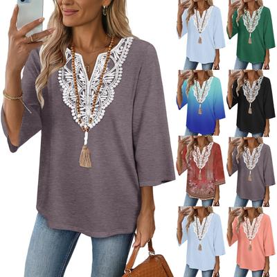 Женские топы с рукавом 3/4, рубашки с кружевом в стиле бохо с V-образным вырезом, модные блузки, нарядная повседневная одежда для отпуска