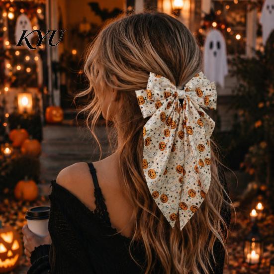 Trendy Satin Hair Bows Large Halloween for Women Girls, Vintage Ribbon Barrette Clips with Long Non-slip Spring Tails, Ghost/Pumpkin/Blood Mouth Print