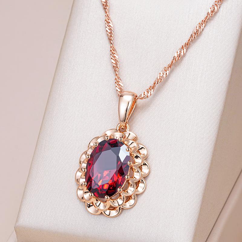 Oval Red Zircon Women's Necklace Hollow Texture Large Pendant Golden Boho Vintage Jewelry Simple Luxury Accessories