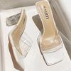 One-word Slippers for Women's Summer Wear 2024 New Square Head Crystal Thick Heel Transparent Sexy High Heels Temperament Sandals